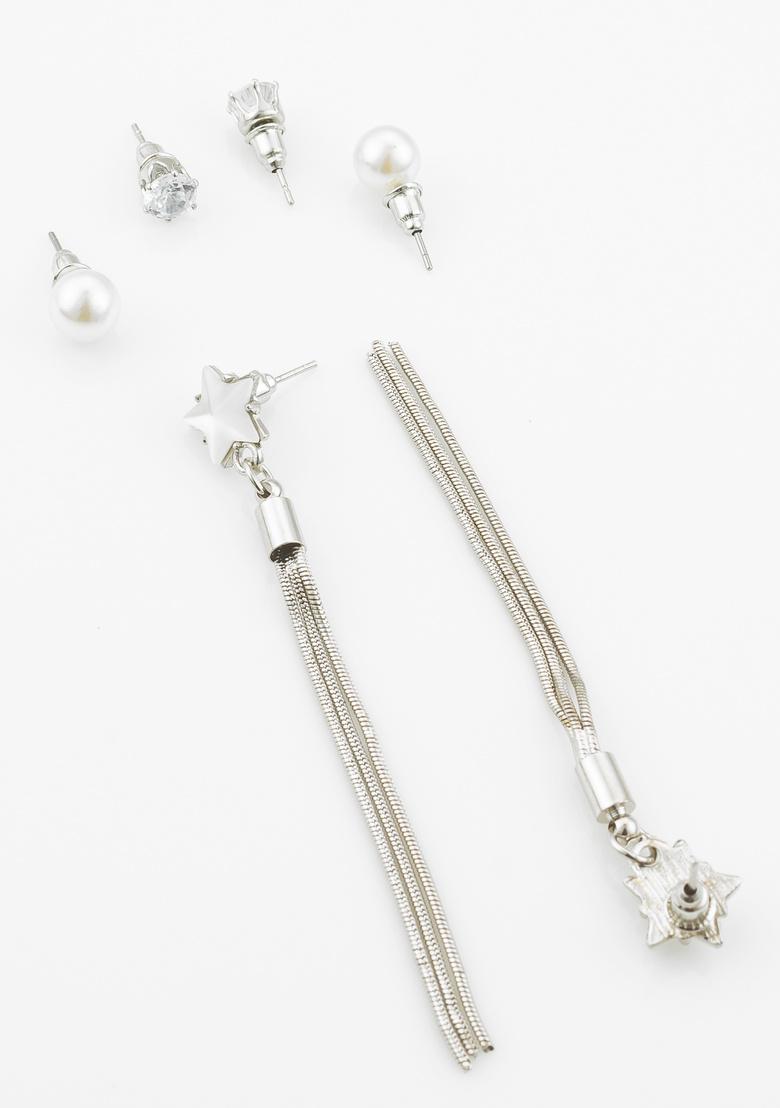 Silver And White Alloy Earrings - Indya
