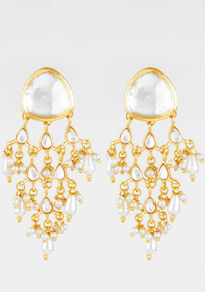 White And Golden Alloy Earrings - Indya