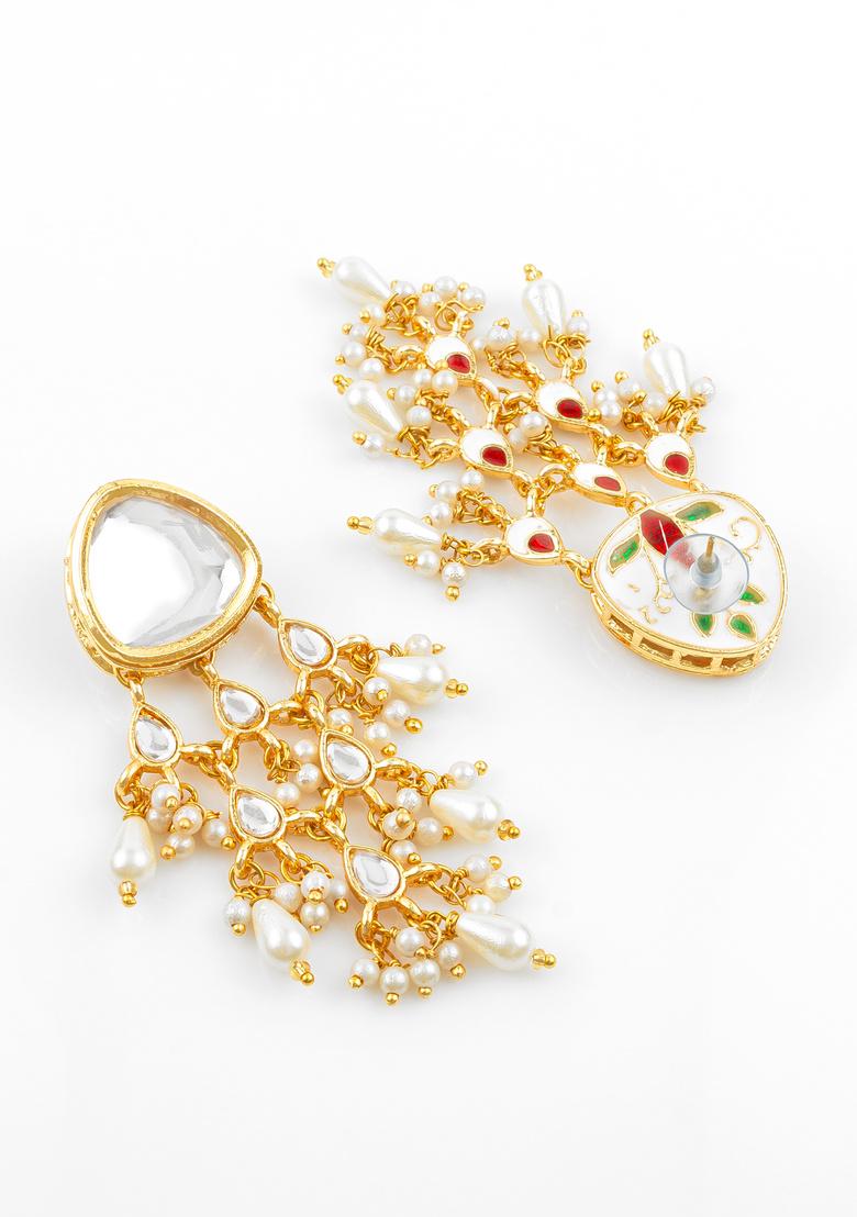 White And Golden Alloy Earrings - Indya