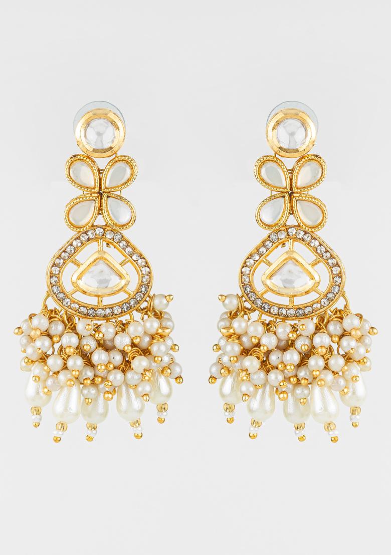 White And Golden Alloy Earrings - Indya