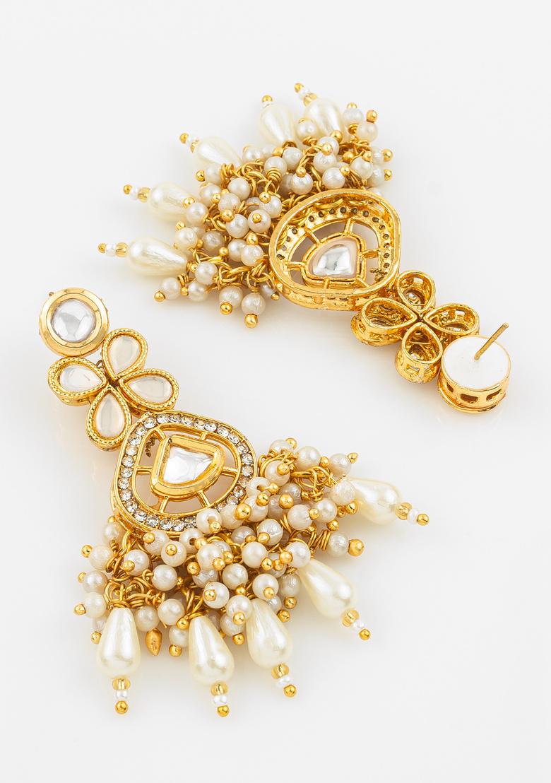White And Golden Alloy Earrings - Indya