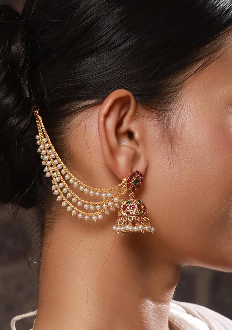 Gold Plated Pearls Beaded Classic Layered Ear Chain Earrings