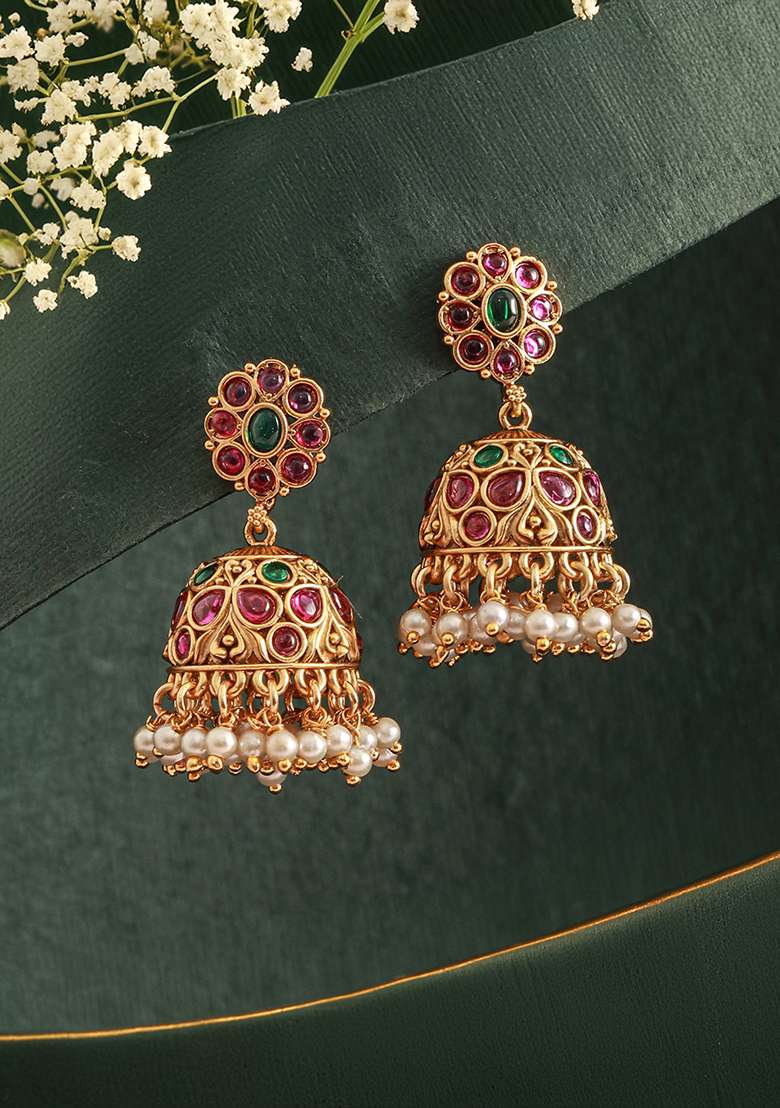 Gold Plated Contemporary Faux Ruby Jhumkas Earrings - Indya