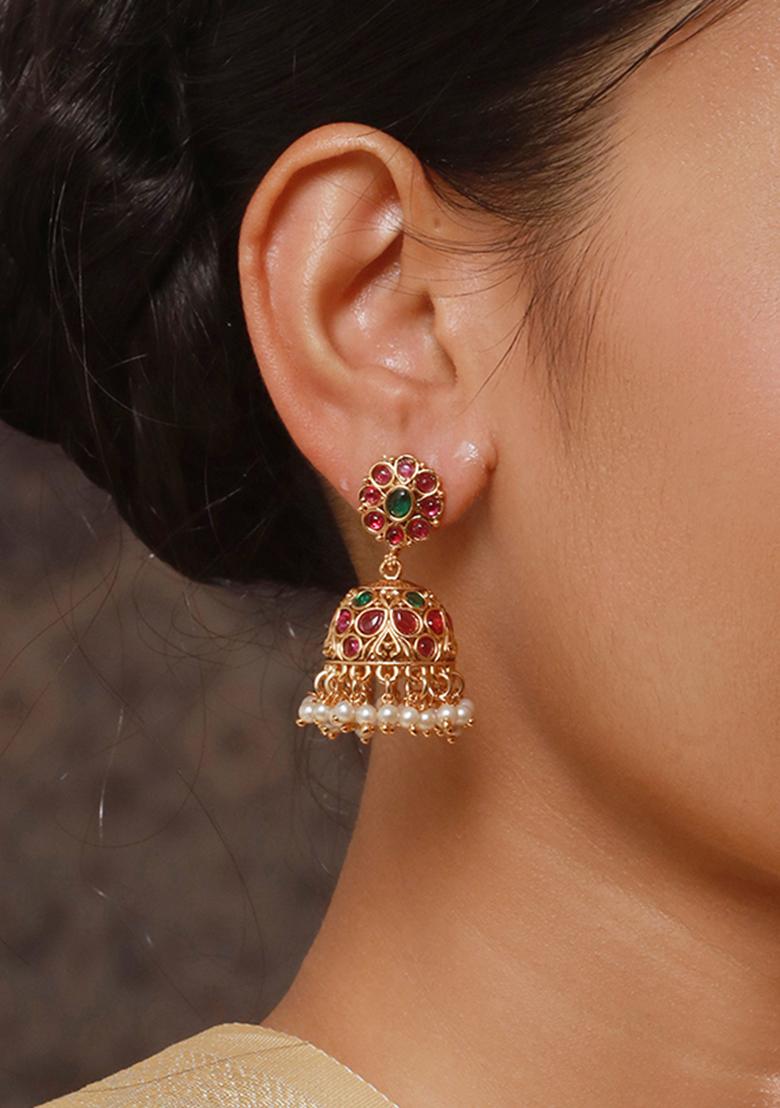 Gold Plated Contemporary Faux Ruby Jhumkas Earrings