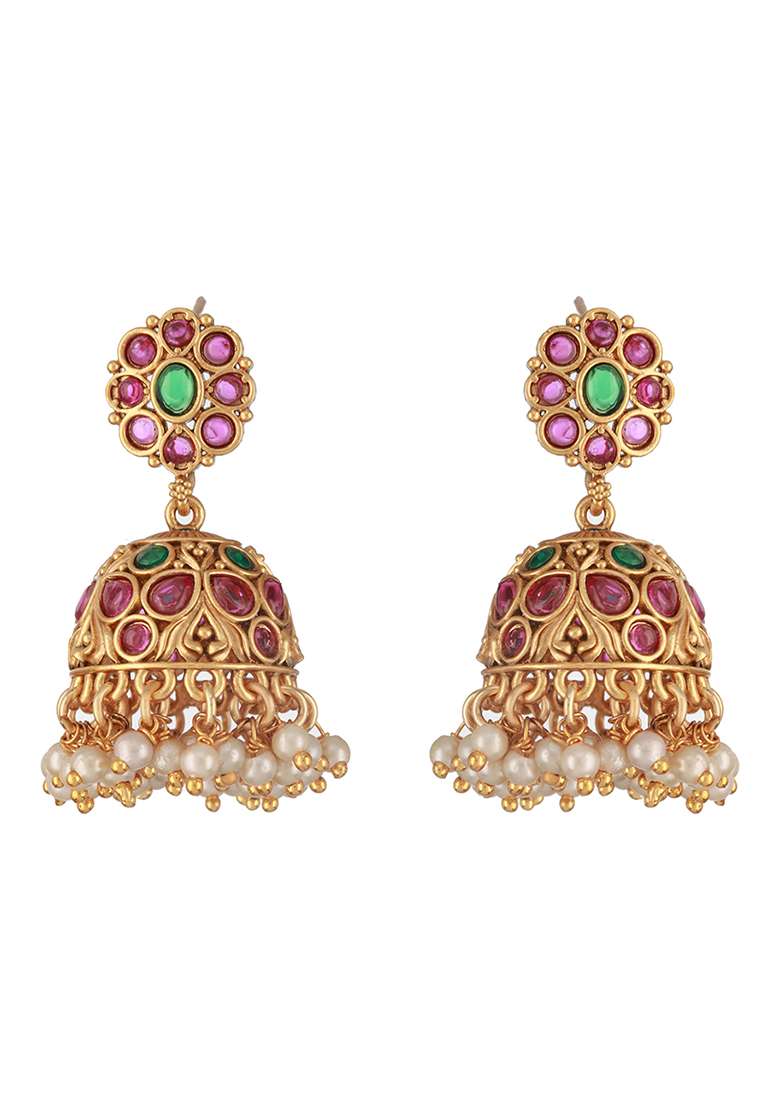 Gold Plated Contemporary Faux Ruby Jhumkas Earrings - Indya