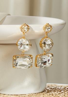 Gold Plated Contemporary Stone Studded Drop Earrings
