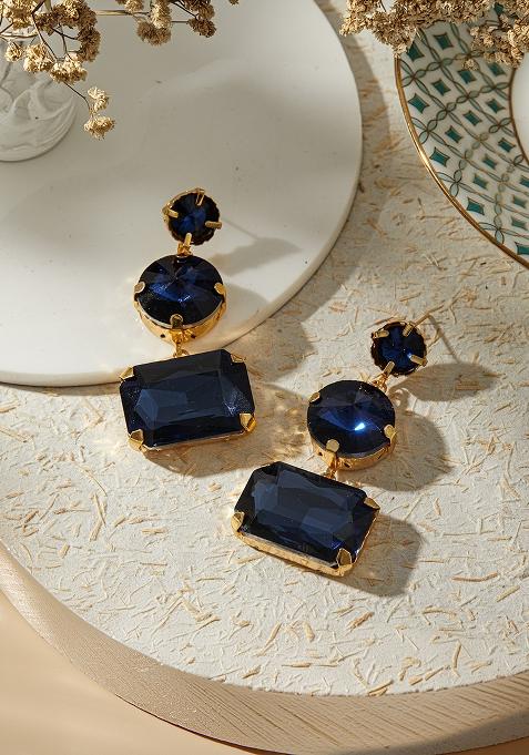 Gold Plated Contemporary Stone Studded Drop Earrings
