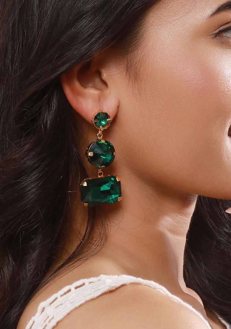 Gold Plated Contemporary Stone Studded Drop Earrings