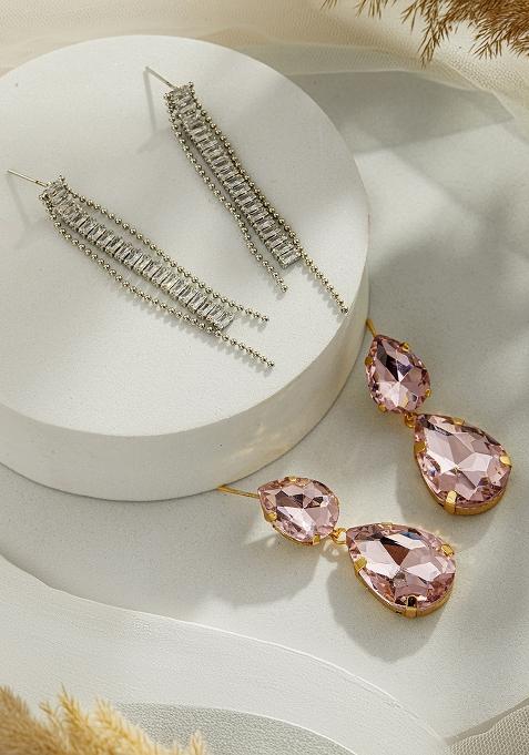 Set Of 2 Gold Plated Contemporary Stone Studded Drop Earrings