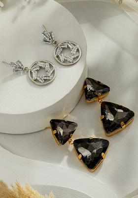 Set Of 2 Gold Rhodium Plated Contemporary Stone Studded Drop Earrings