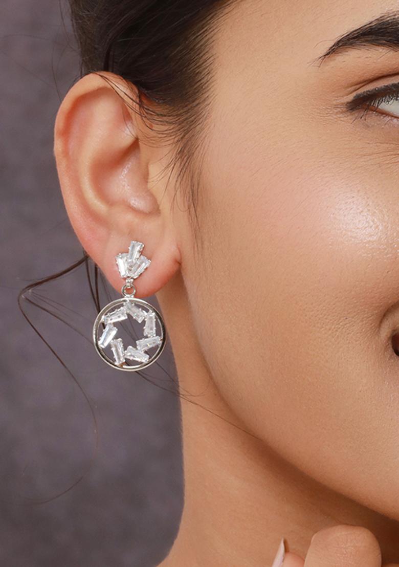 Set Of 2 Gold Rhodium Plated Contemporary Stone Studded Drop Earrings