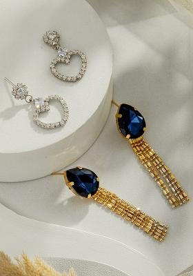 Set Of 2 Rhodium Plated And Cubic Zirconia Studded Drop Earrings