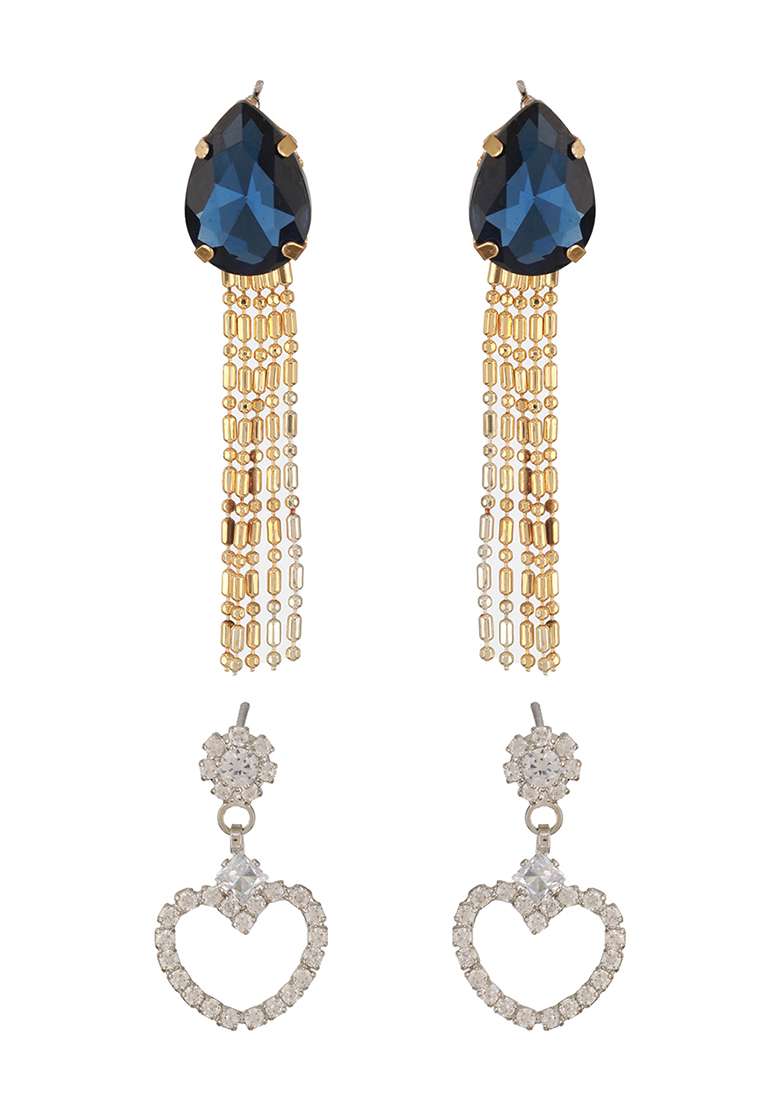 Set Of 2 Rhodium Plated And Cubic Zirconia Studded Drop Earrings - Indya