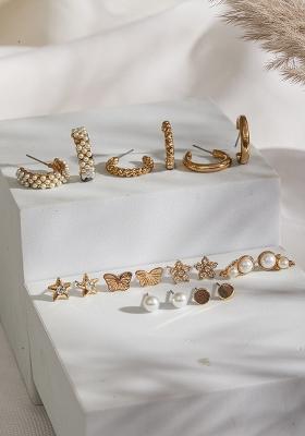 Set Of 9 Gold Plated Artificial Stones Studded Contemporary Drop Earrings