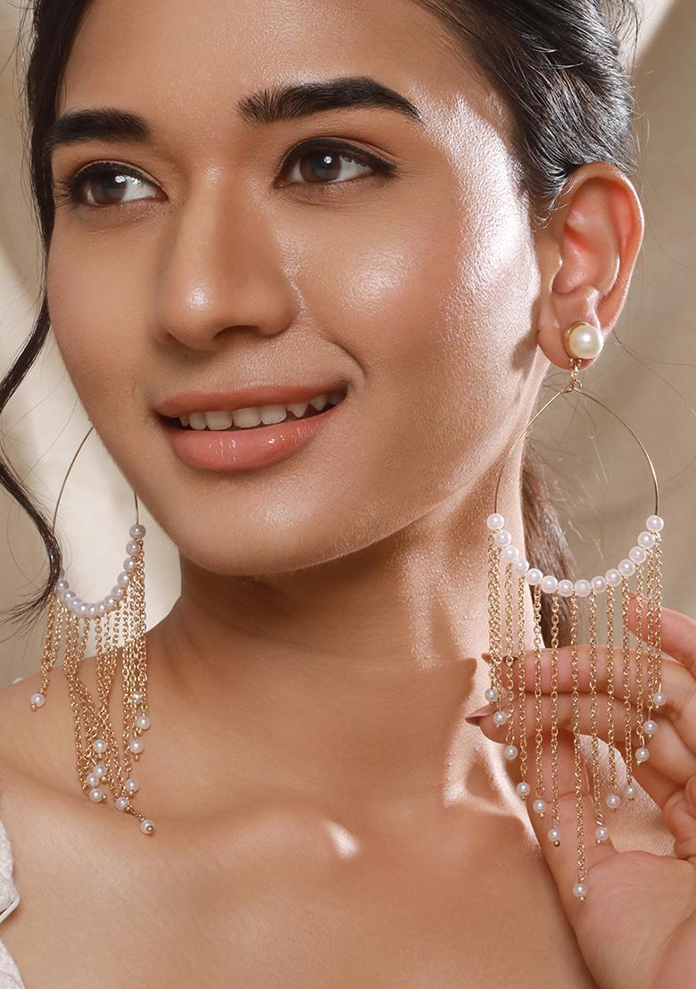 Gold Plated Pearl Studded Contemporary Drop Earrings