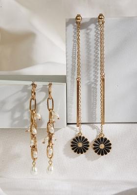 Set Of 2 Gold Plated Pearl Beaded Contemporary Drop Earrings