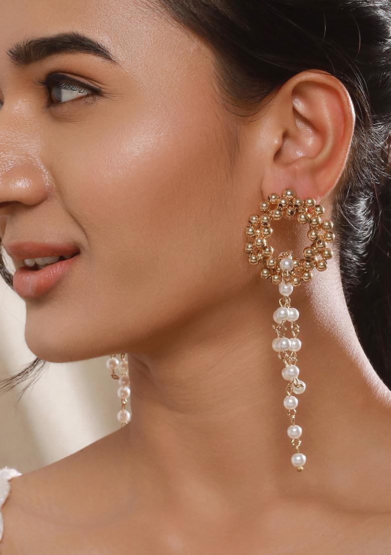 Gold Plated Pearl Beaded Contemporary Drop Earrings