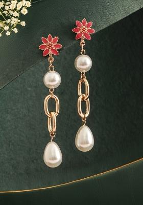 Gold Plated Pearl Beaded Floral Drop Earrings