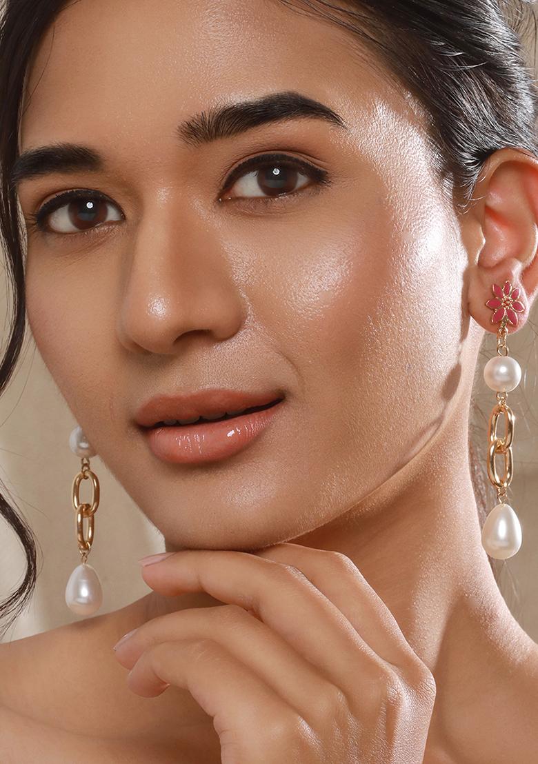 Gold Plated Pearl Beaded Floral Drop Earrings