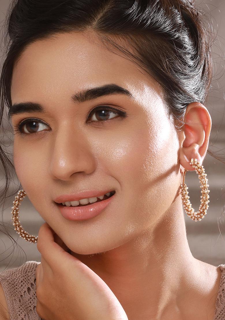 Gold Plated Pearl Beaded Classic Half Hoop Earrings