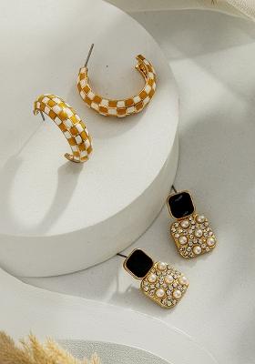 Set Of 2 Cubic Zirconia Studded Contemporary Half Hoop Earrings