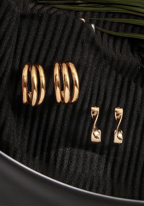 Set Of 2 Gold Plated Contemporary Half Hoop Earrings