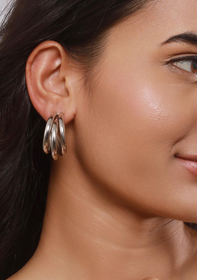 Set Of 2 Silver Plated Circular Half Hoop Earrings