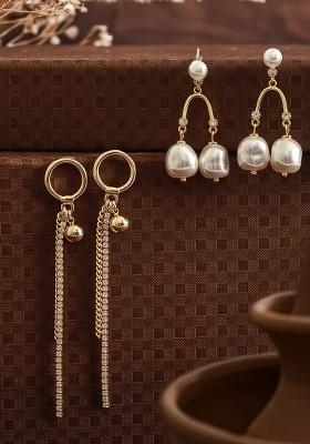 Set Of 2 Gold Plated Pearl Beaded And Cz Studded Drop Earrings