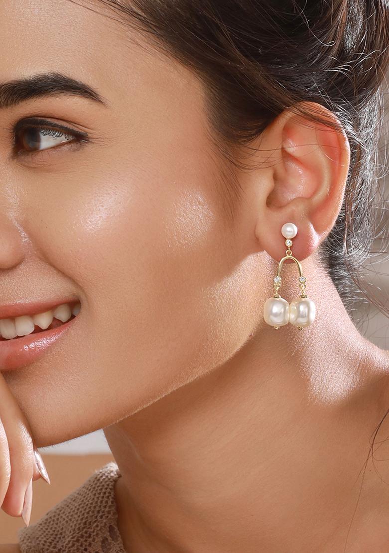 Set Of 2 Gold Plated Pearl Beaded And Cz Studded Drop Earrings