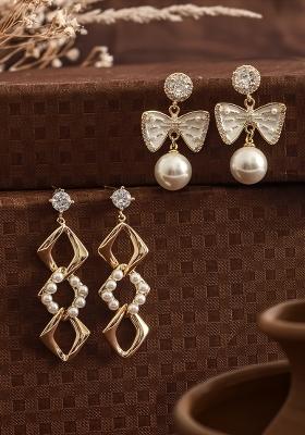 Set Of 2 Gold Plated Pearl Beaded And Cz Studded Contemporary Drop Earrings