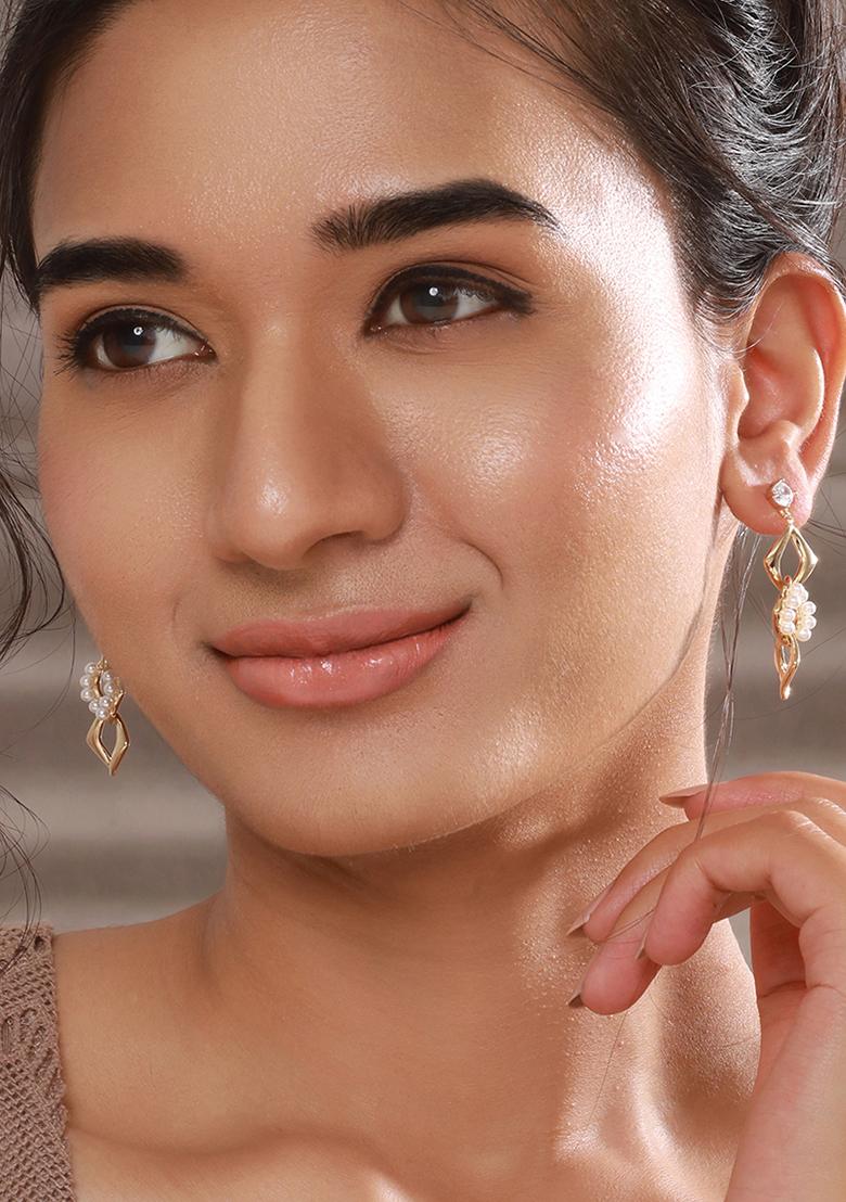Set Of 2 Gold Plated Pearl Beaded And Cz Studded Contemporary Drop Earrings