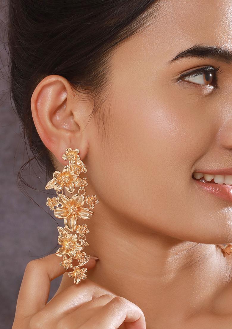 Gold Plated Floral Shaped Drop Earrings