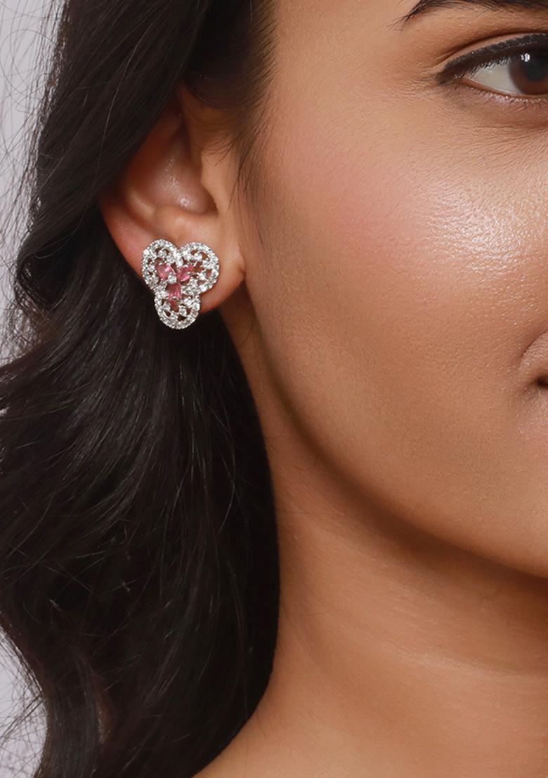 Silver Plated American Diamond Studded Floral Studs Earrings