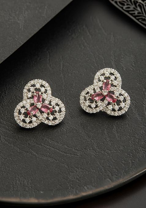Silver Plated American Diamond Studded Floral Studs Earrings