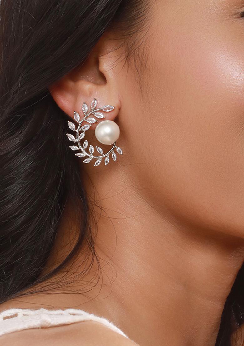 Silver Plated Pearl And American Diamond Studded Contemporary Studs Earrings