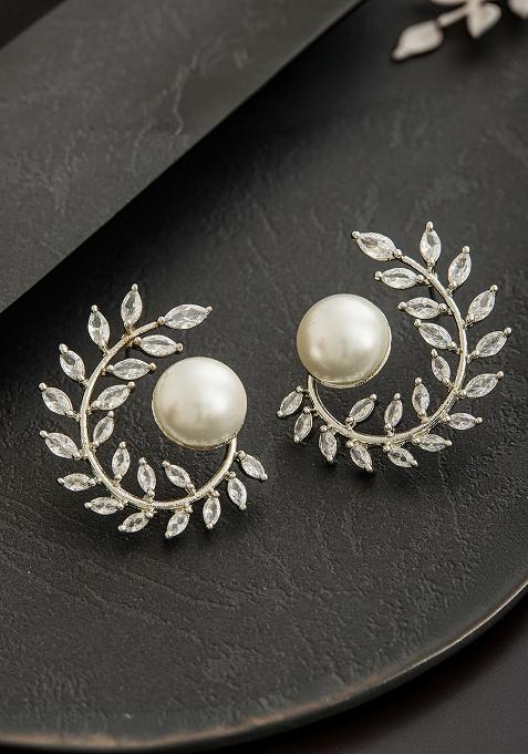 Silver Plated Pearl And American Diamond Studded Contemporary Studs Earrings