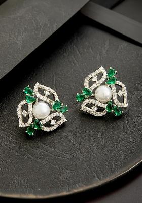 Silver Plated American Diamond Studded Floral Studs Earrings