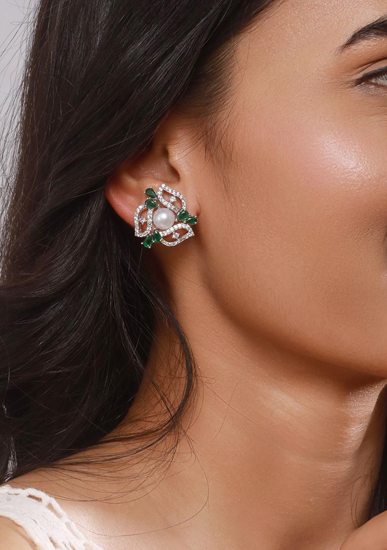 Silver Plated American Diamond Studded Floral Studs Earrings