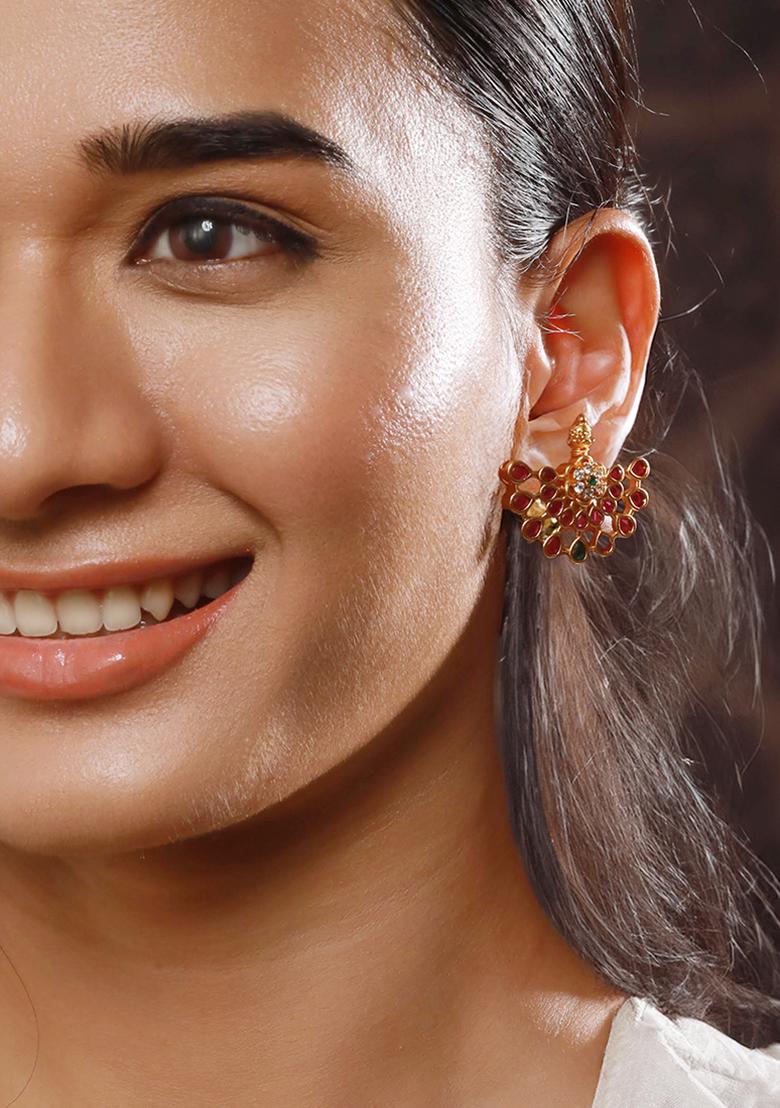 24Ct Gold Plated Ruby And American Diamond Crescent Shaped Temple Studs Earrings