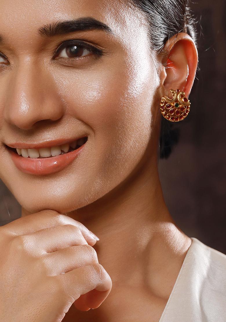 24Ct Gold Plated Ruby And American Diamond Peacock Shaped Temple Studs Earrings