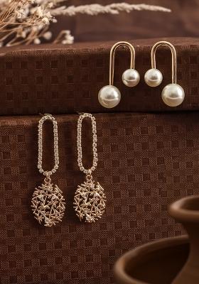 Set Of 2 Gold Plated Contemporary Studs Earrings