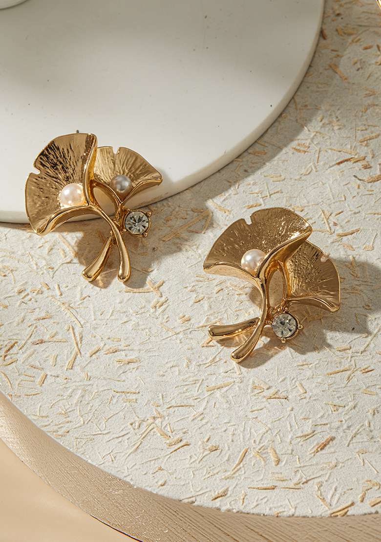 Gold Plated Pearl And American Diamond Studded Contemporary Studs Earrings - Indya