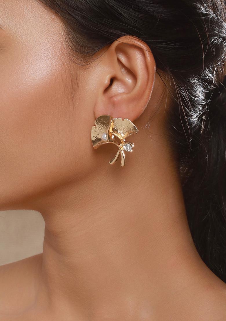 Gold Plated Pearl And American Diamond Studded Contemporary Studs Earrings