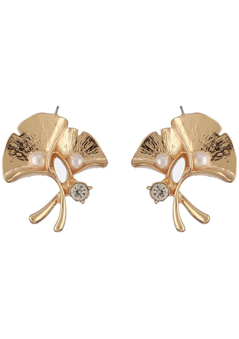 Gold Plated Pearl And American Diamond Studded Contemporary Studs Earrings - Indya
