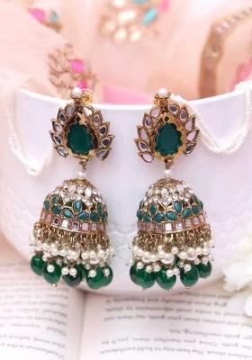 Green Alloy Statement Jhumki Earring