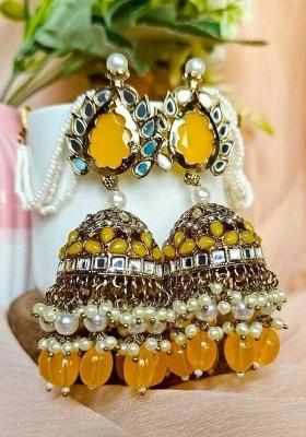 Yellow Alloy Statement Jhumki Earring