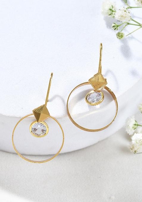 Gold Tone Hoop Earrings With Square Crystal Detailing