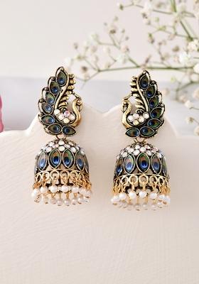 Peacock Inspired Gold Plated Jhumka Earrings With Multicolor Stones