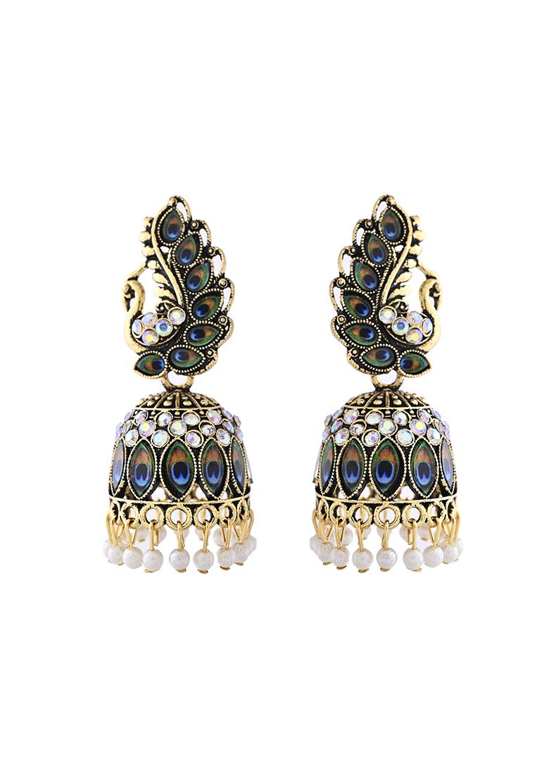 Peacock Inspired Gold Plated Jhumka Earrings With Multicolor Stones