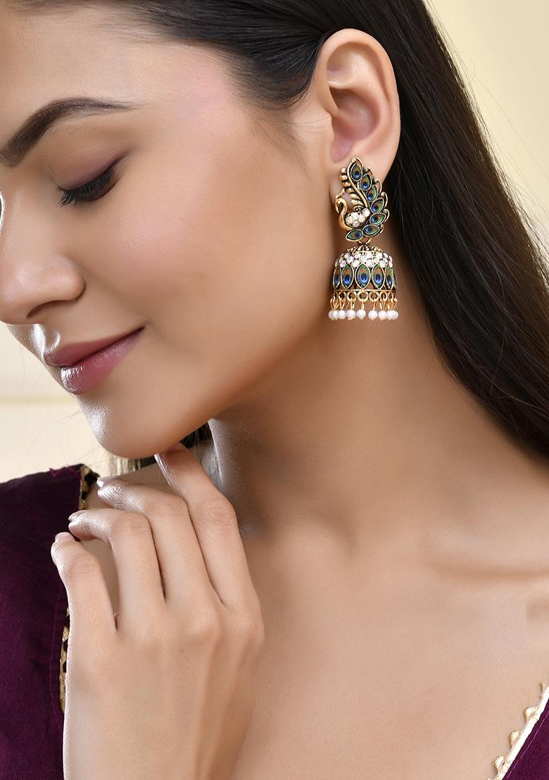 Peacock Inspired Gold Plated Jhumka Earrings With Multicolor Stones